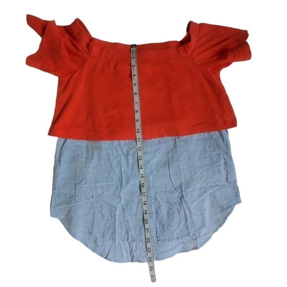 Postmark Anthro Drew Off the Shoulder Layered Reddish Orange Denim Top Size S - Picture 9 of 13